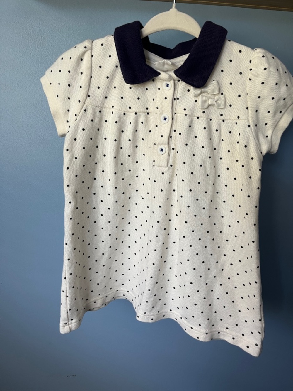 Girls White Polo Dress Top with Navy Collar and Polka Dots